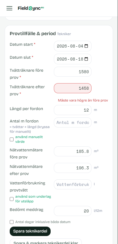 Valideringsfel i FieldSync: tvätträknare efter prov måste vara högre än före prov